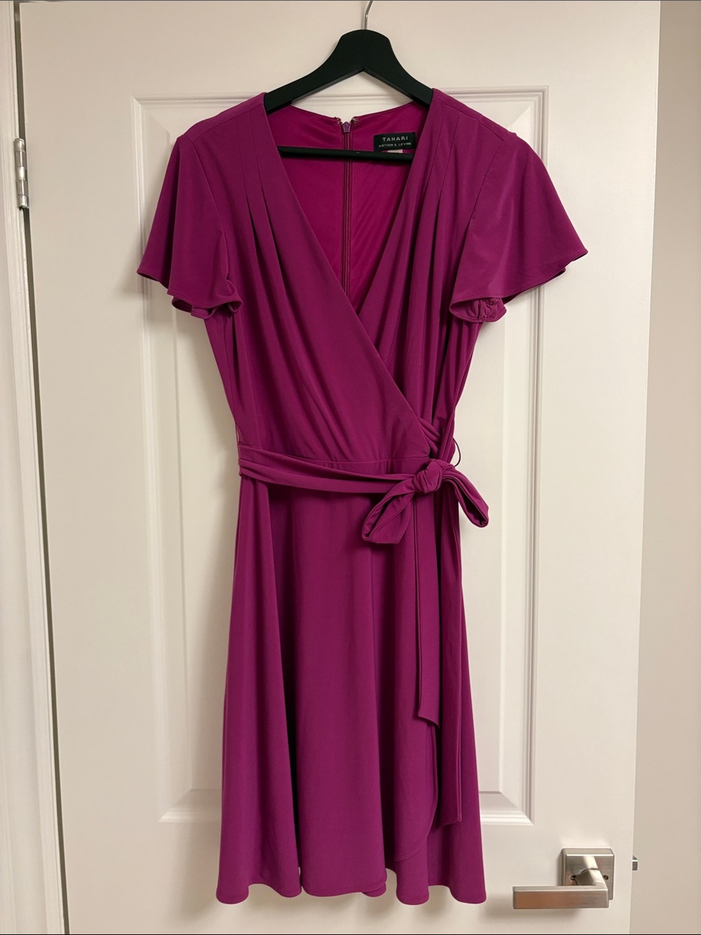 Tahari ASL Fuchsia Wrap-Style Midi Dress with Tie Waist